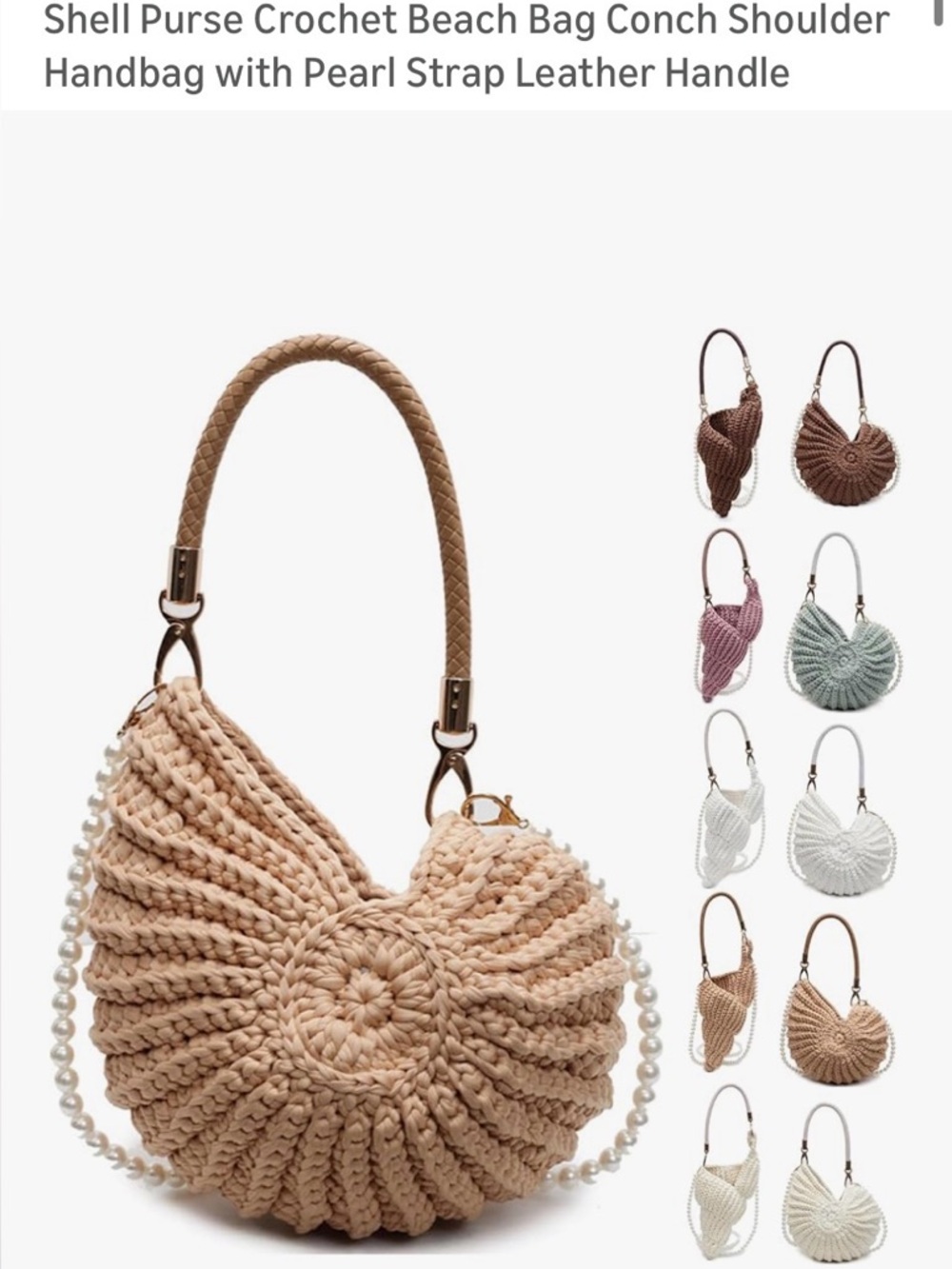 Shell Crochet Beach Bag with Pearl Strap - Beige